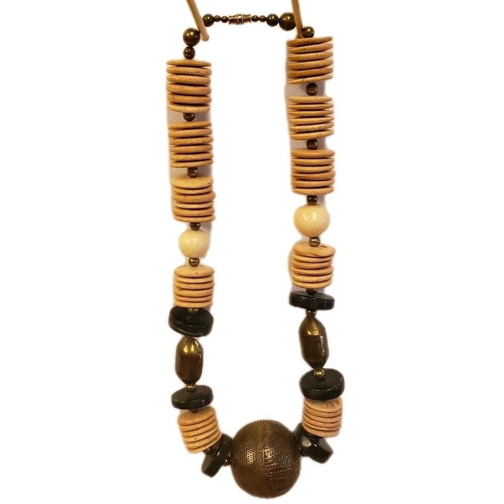 Vintage Wood & Brass Beaded Necklace Boho Tribal Statement Brown Beige Black